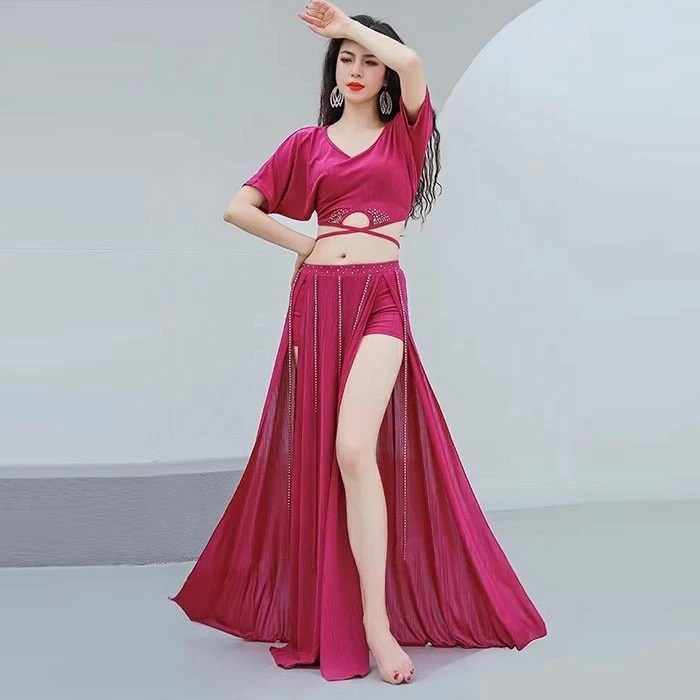 【早い者勝ちタイムセール】ベリーダンス衣装 セット衣装 スパンコール フリンジ キラキラ 可愛い ベリーダンス 衣装セット インナーパンツ付き ロング丈 スカート 半袖 紐 トップス おしゃれ ベリー