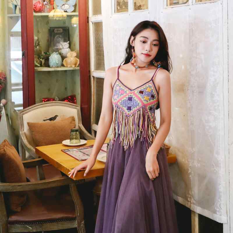 ボヘミアン エスニック 手編み おしゃれ Vネック ノースリーブ 個性的 カラフル タッセル ホリデー 旅行 おでかけ デート ニット キャミソール