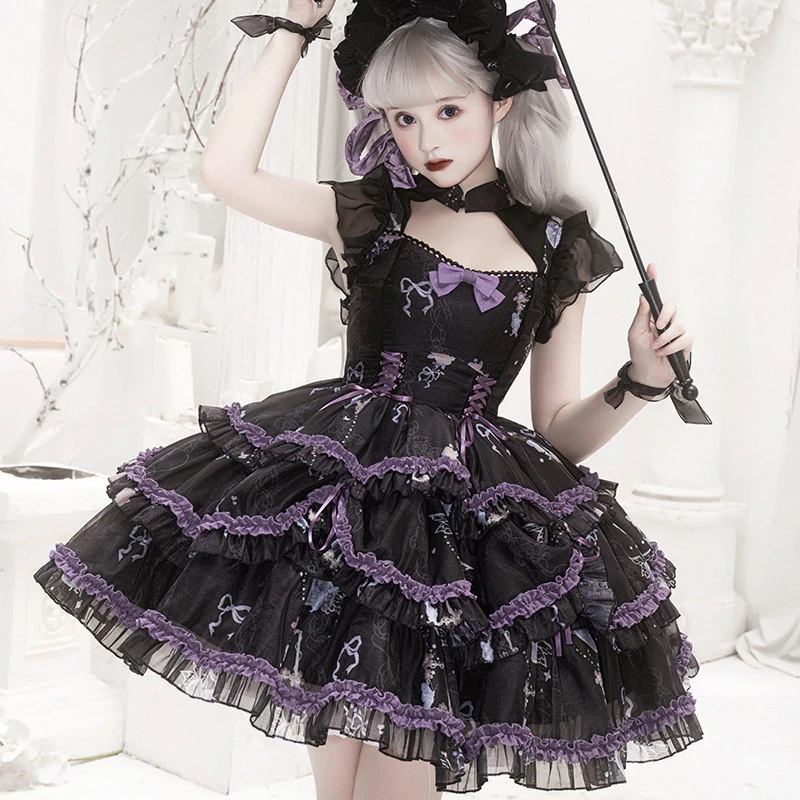 JSKジャンパースカートホワイトブラックロリータ ワンピース ドレスコスプレ かわいい レトロイベントお嬢様 蝶結び メイド発表会学生卒業式入学式演奏会プリンセスプレゼント