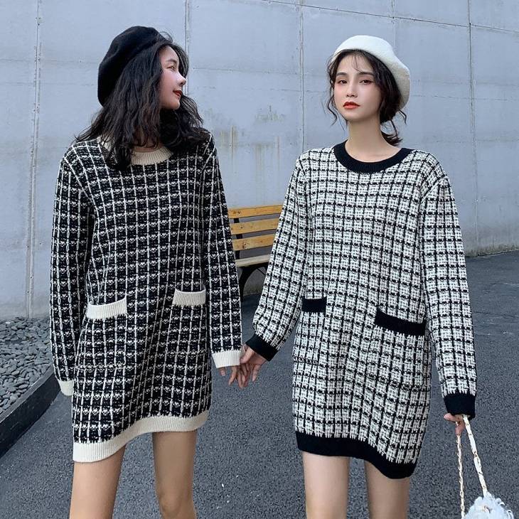 ワンピース ニット セーター 即納 黒 白 厚手 体型カバー ラウンドネック 丸首 バイカラー 切り替え 7340376 秋服 冬服 チェック 格子 シンプル ナチュラル 長袖 ミニワンピ ロングトッ