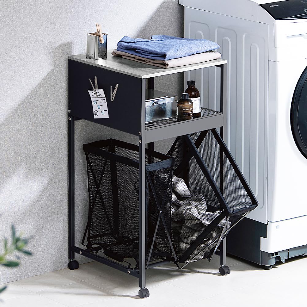 アイリスオーヤマ キッチンワゴン 隙間収納 キャスター付き 天板付きランドリーワゴン 幅42cm ブラック ワイドタイプ(バスケットタイプ) ペットボトルラック 冷蔵庫横 洗面所 収納 隙間ラック 調