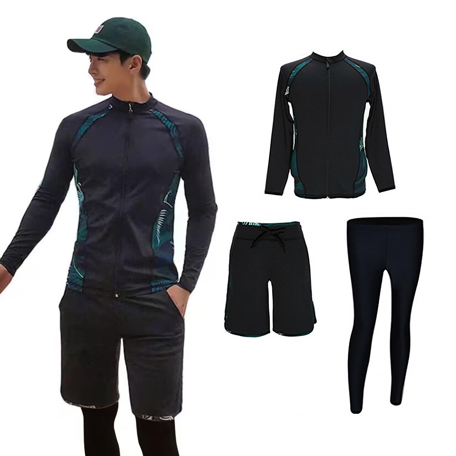 [Ttoitv] ラッシュガード メンズ ３点セット 水着 長袖 前開き【UVカット・水陸両用・吸汗速乾】 サーフパンツ レギンス 上下 セット フィットネス 男性 水泳 夏 スポーツ (JP, アル 5,444円