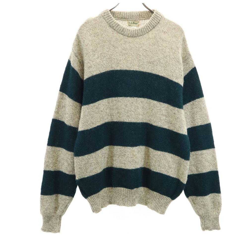 80s ヴィンテージ USA製 ウールブレンド ボーダー柄 長袖 セーター L ベージュ×グリーン ニット メンズ