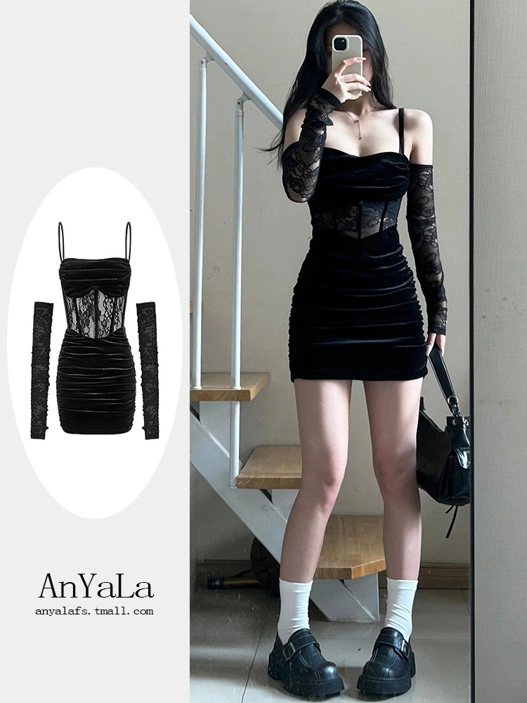 春の女性用ブラックレーススプライシングサスペンダードレス超美しいコントラストスカートさまざまなスタイルのリトルママヒップハグショートスカート