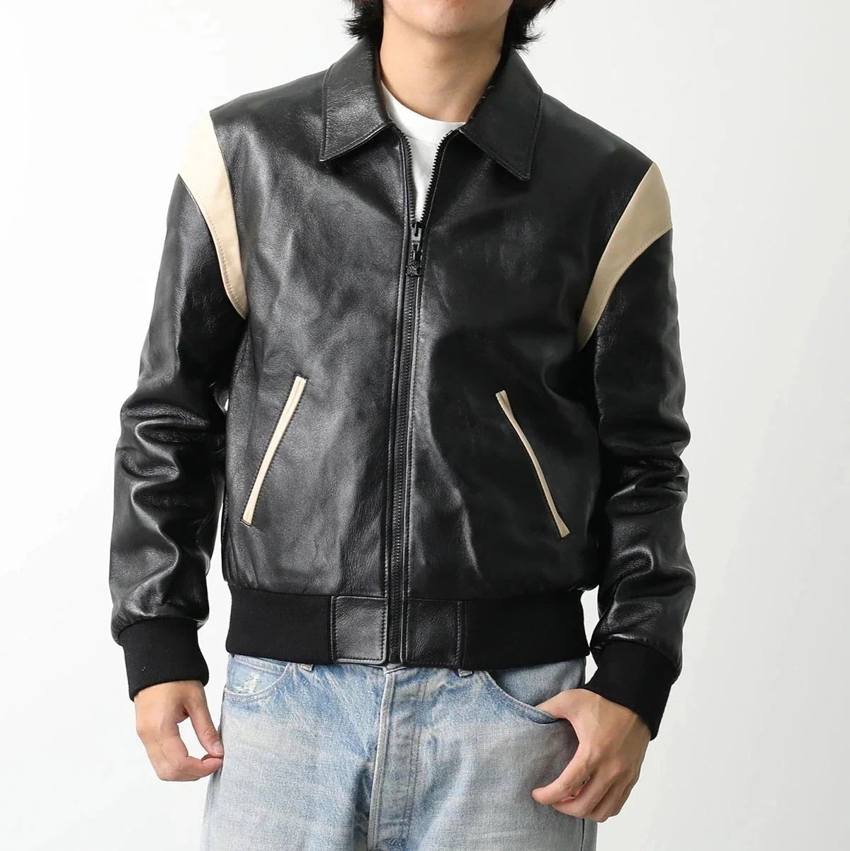 CELINE セリーヌ レザージャケット 968H.2EK13. 38CR メンズ ブルゾン ラムレザー ライダース ライン入り ショート丈 ボンバージャケット 265,394円