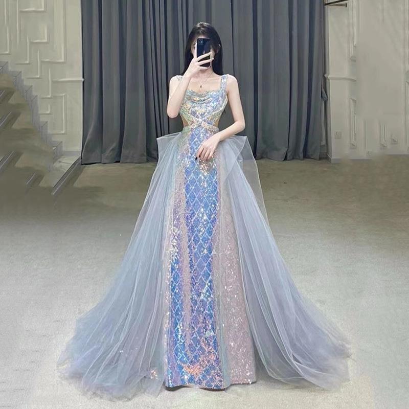 宴会用の新しいスタイルのイブニングドレスマーメイドスタイルのスパンコール付きホルタートップパーティー年次総会パフォーマンスホスティングに最適です
