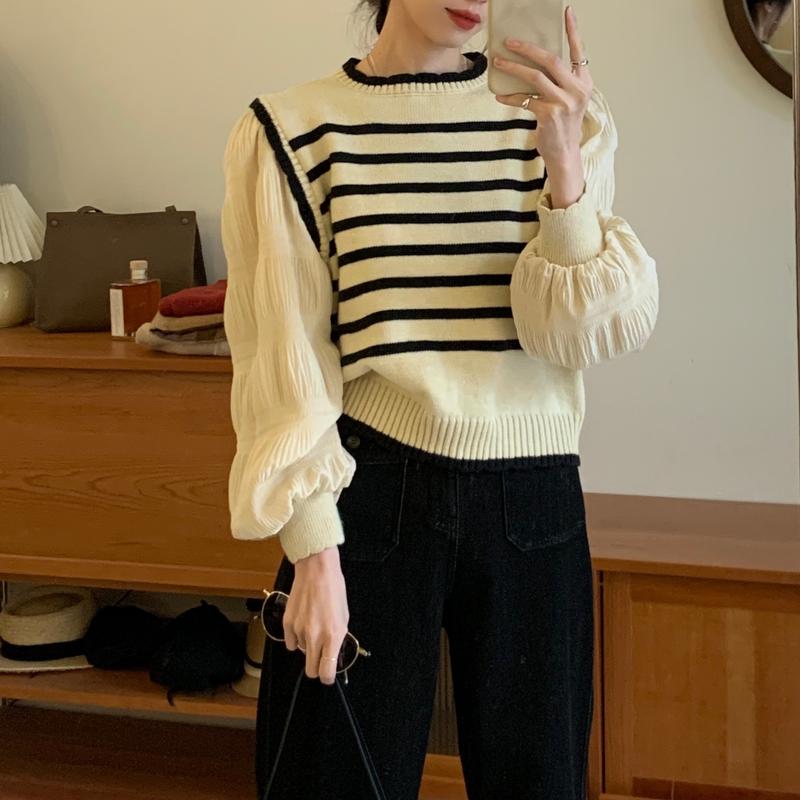 トップス レディース 3色 シャツ ブラウス クルーネック ベスト 長袖 襟付き ニット ドッキング 異素材ミックス フェイクレイヤード スリット ストライプ 重ね着 パフスリーブ 抜け感 こなれ感
