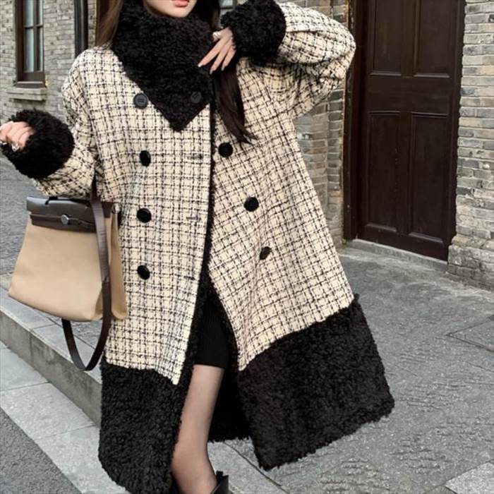 【送料無料】レディース コート ロングコート チェック柄 ダブルボタン 長袖 襟付き 異素材MIX もこもこ ふわふわ 大人可愛い ママコーデ ママファッション 韓国系 オルチャン 人気 6,199円
