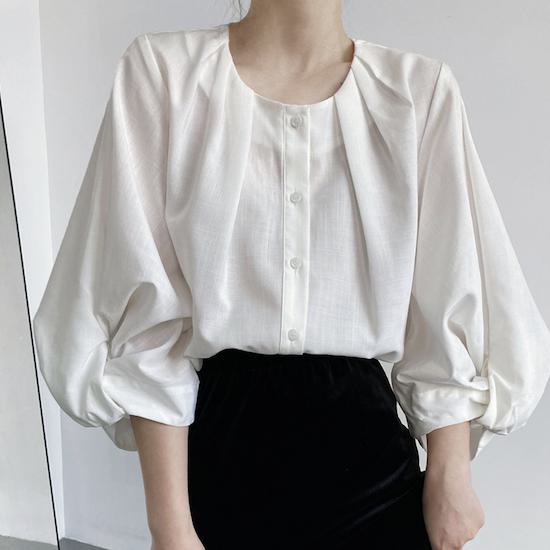 ブラウス レディース 七分袖 春夏 オフィス バルーンスリーブ カジュアル 大きいサイズ トップス 大人 ボリューム袖 コットン フェミニン ガーリー おしゃれ オトナ女子 きれいめ デイリー お出か