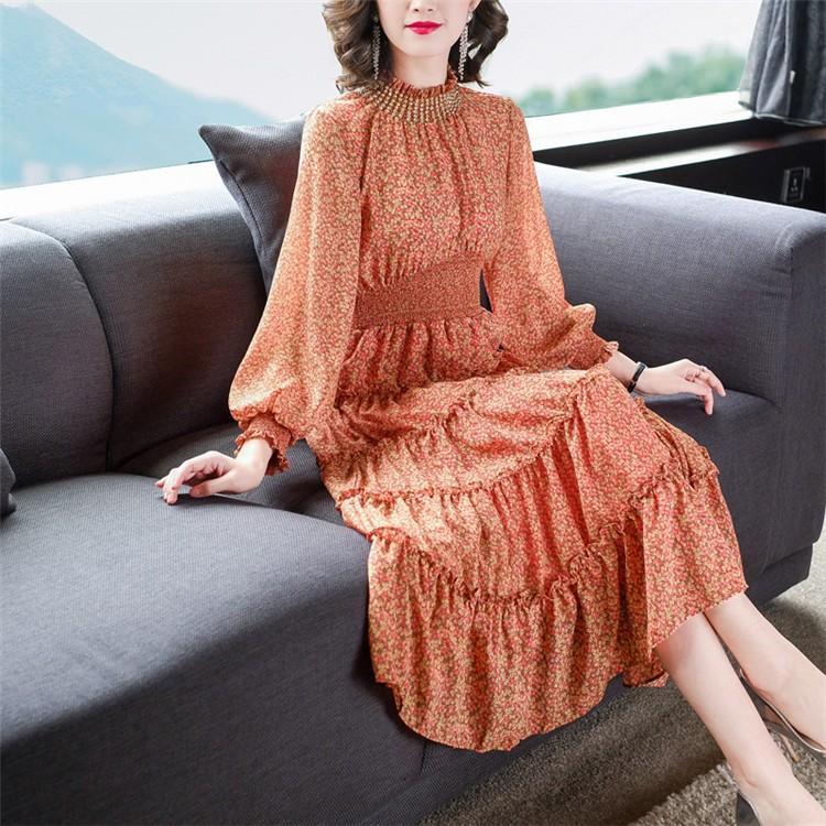 ロングワンピース レディース ワンピース ロング丈 マキシ丈 シフォン ゆるっとワンピース 花柄 ゆったり 体型カバー 長袖 上品 30代 40代 50代