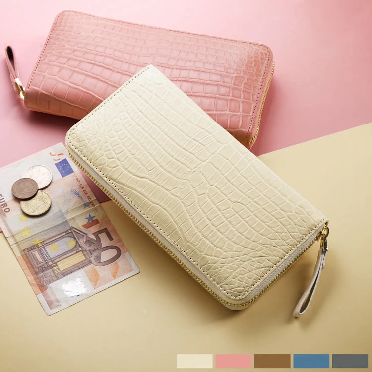 クロコダイル 長財布 レディース マット加工 ラウンドファスナー 一枚革 センター取り バイカラー デザイン 全5色 使い易い 財布 本革 鰐皮 鰐 革 女性 婦人 高級 母の日 ギフト プレゼント