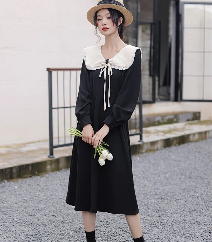 ワンピース ロングスカート ロング丈 袖あり 長袖 Vネック ラペル リボン ハイウエスト かわいい 大人可愛い きれいめ シンプル 大人 上品 おしゃれ お洒落 レトロ メンズライク 無地 春 秋