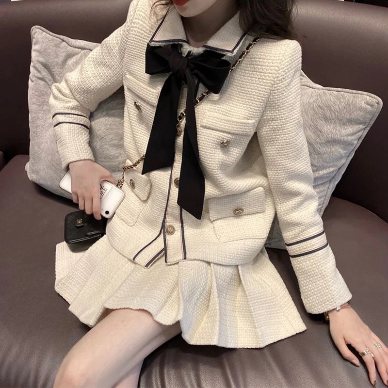 セットアップ ジャケット スカート ミニ レディース ツイード風 制服風 プリーツ リボン ポケット 前開き ツーピース かわいい おしゃれ ガーリー お出かけ デート イベント 白 S M L XL