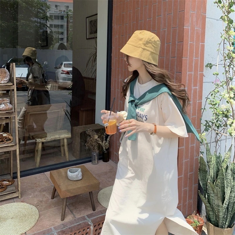 ショール付Tシャツワンピース ワンピース 膝丈 ひざ丈 膝下 袖あり 半袖 ラウンドネック フレア スリット サイドスリット 2点セット ツーピース かわいい 大人可愛い シンプル カジュアル 大人