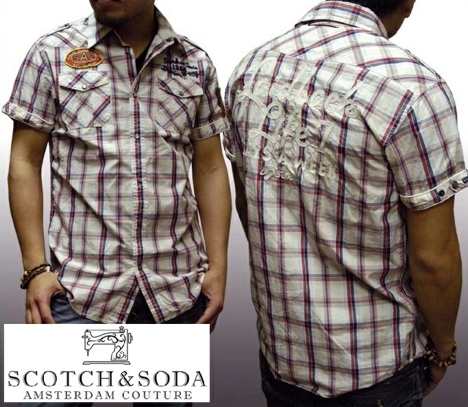 セール スコッチ&ソーダ SCOTCH&SODA スコッチアンドソーダ メンズ 半袖 チェック ウェスタン ワークシャツ ワッペン ネイビー レッド サファリ シャツ ボタンシャツ ファッション 9,438円