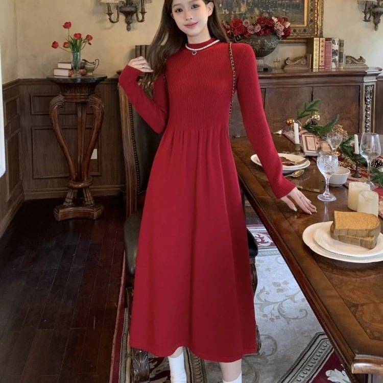 春装ワンピース ブラック ニットワンピース フランス うちばり 韓国ワンピス レディース ロングワンピース