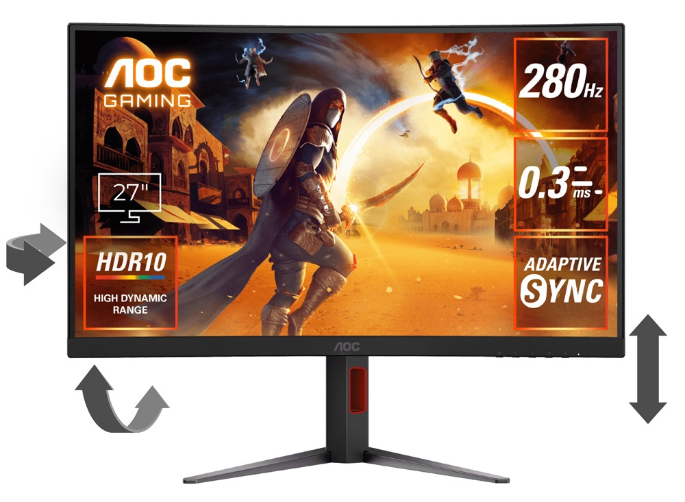 AOC 27型 湾曲 ゲーミング液晶ディスプレイ（1ms(GTG)/280Hz/フルHD/Fast VA/ノングレア/HDMI/DisplayPort/Adaptive Sync/HDR10）ブラック