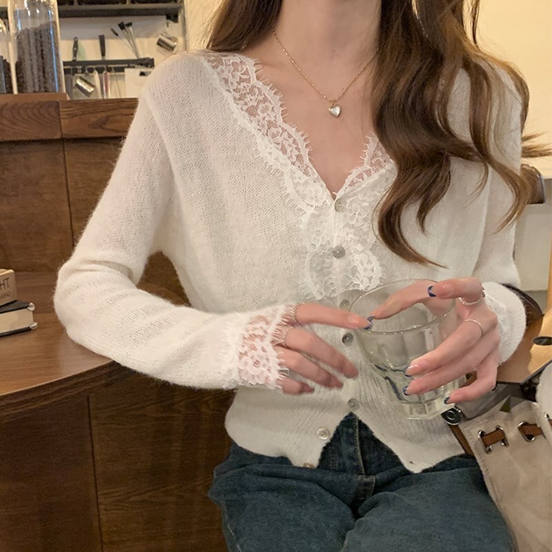 レースカーディガン トップス カーディガン ラブリー ホワイト 白 ショート丈 袖あり 長袖