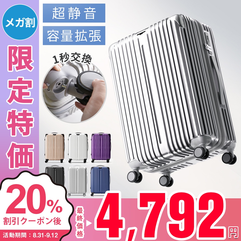 「耐衝撃＋低騒音」スーツケース Sサイズ 機内持ち込み可能 TSAロック S,M,Lサイズ 拡張機能 搭載2重コイルファスナー使用 キャスター交換可能 ダブルキャスター 360度回転 超軽量