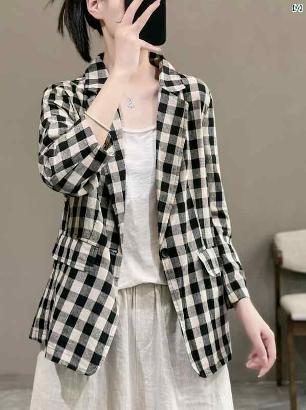 レディース　ファッション レトロ チェック柄 コットン リネン 小柄 スーツ ジャケット レディース 春秋 カジュアル 長袖 トップ