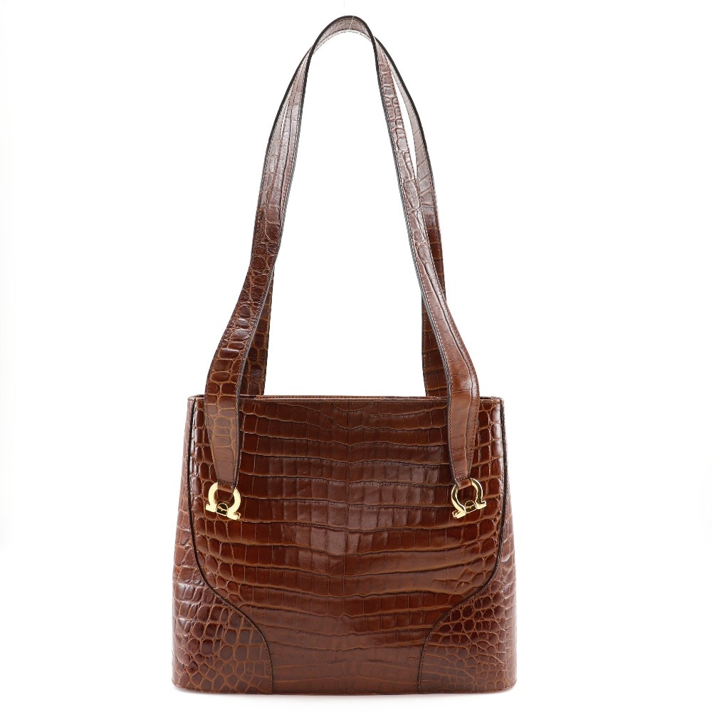 Salvatore Ferragamo サルヴァトーレフェラガモ ガンチーニ ショルダーバッグ 型押しレザー 茶 レディース 中古品 A-ランク