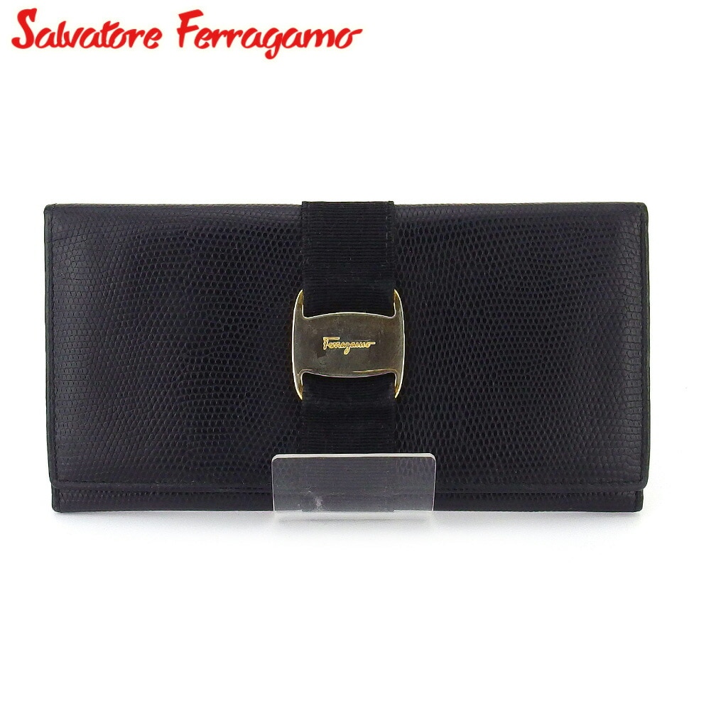 長財布 ファスナー付き 財布 ヴァラ レディース メンズ リザード調 ブラック ゴールド 中古