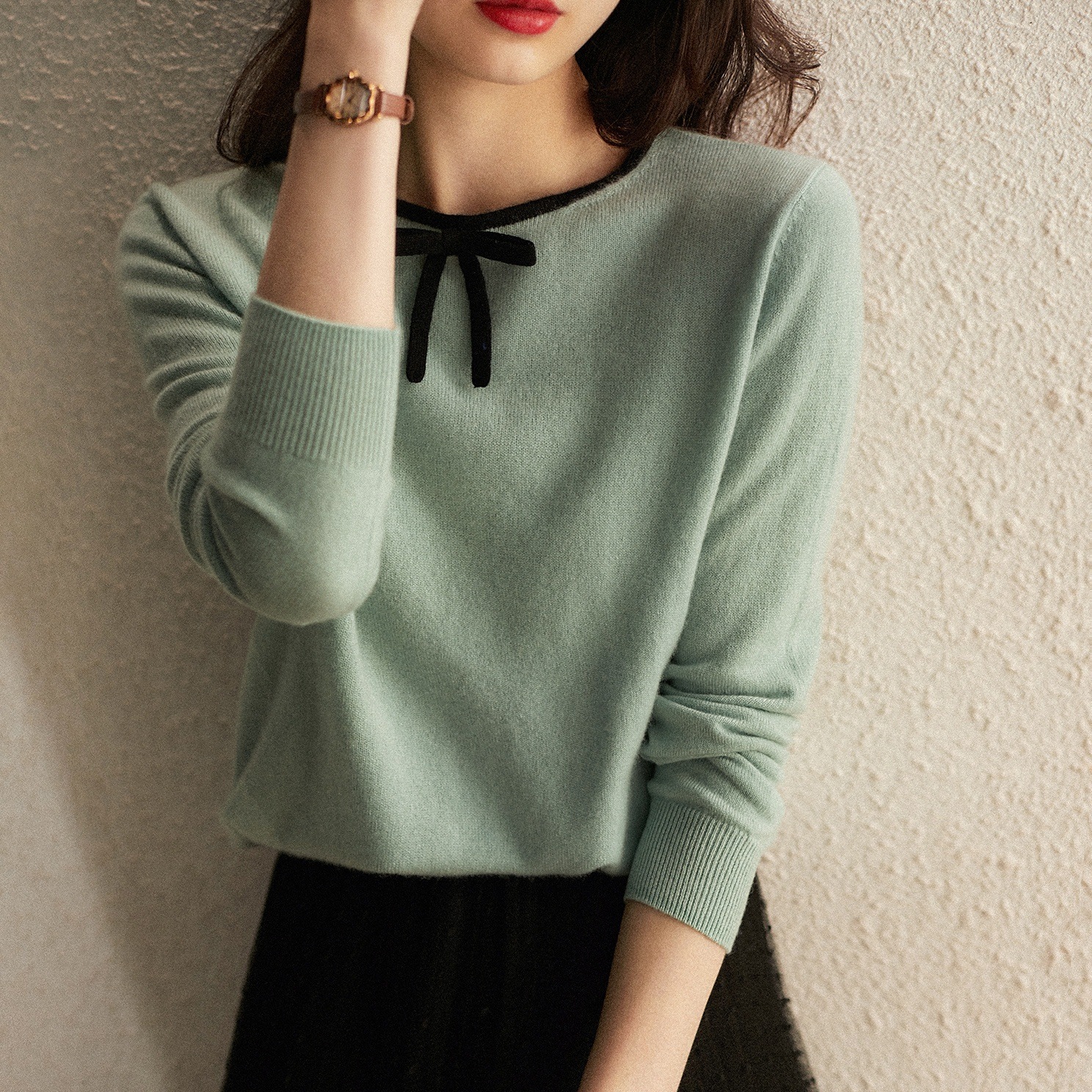 トップス ニットソー セーター 長袖 ラウンドネック バイカラー パイピング リボン かわいい