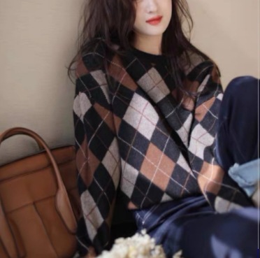 オーバーサイズ アーガイルチェック柄 菱型 トップス セーター ミディアム丈 袖あり 長袖