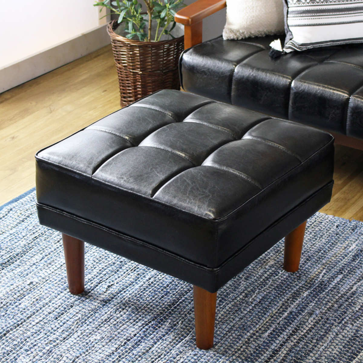 オットマン 高さ40cm レザー調 木製 チェア スツール 1人掛け ソファー 足置き キルティング ヴィンテージ調 おしゃれ 合皮 合皮レザー ブラック