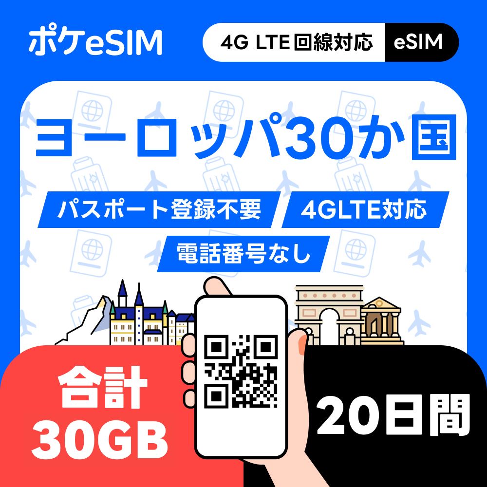 【購入後すぐ届く！】ヨーロッパ30か国 eSIM 合計30GB 20日間 データ通信専用(電話番号なし) 5G対応 有効期限90日