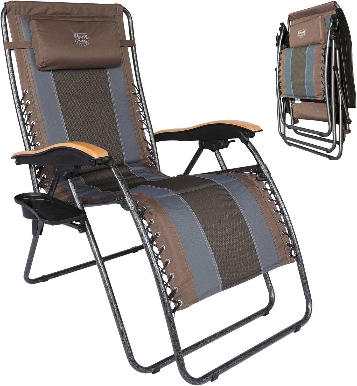 TIMBER RIDGE リクライニングチェア 折りたたみ 耐荷重160kg ワイド(座幅60cm) 角度調節 インフィニティチェア キャンプ カップホルダー付 枕つき 一人掛け