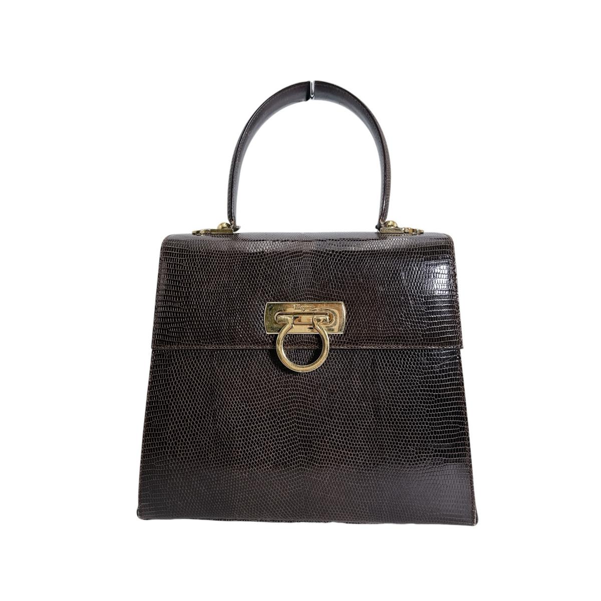 ガンチーニ リザード型押し ハンドバッグ ブラウン