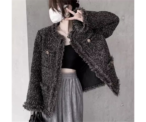 レディース ジャケット コート アウター 上着 ウール ミドル丈 長袖 ノーカラー ストレート ポケット ボタン 厚手 コットン ツイード フリンジ 大人可愛い きれいめ シンプル カジュアル 上品