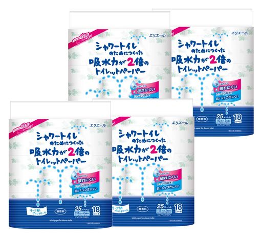エリエール シャワートイレのためにつくった吸水力が2倍のトイレットペーパー 25m(112シート)×72ロール(18ロール×4パック)ダブル パルプ100% 【ケース販売】