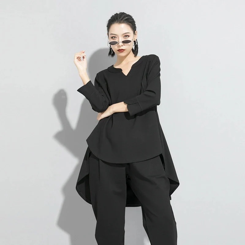 欧米のファットマミー春秋新型のボトムシャツのvネック不規則大きいサイズ ロングTシャツ