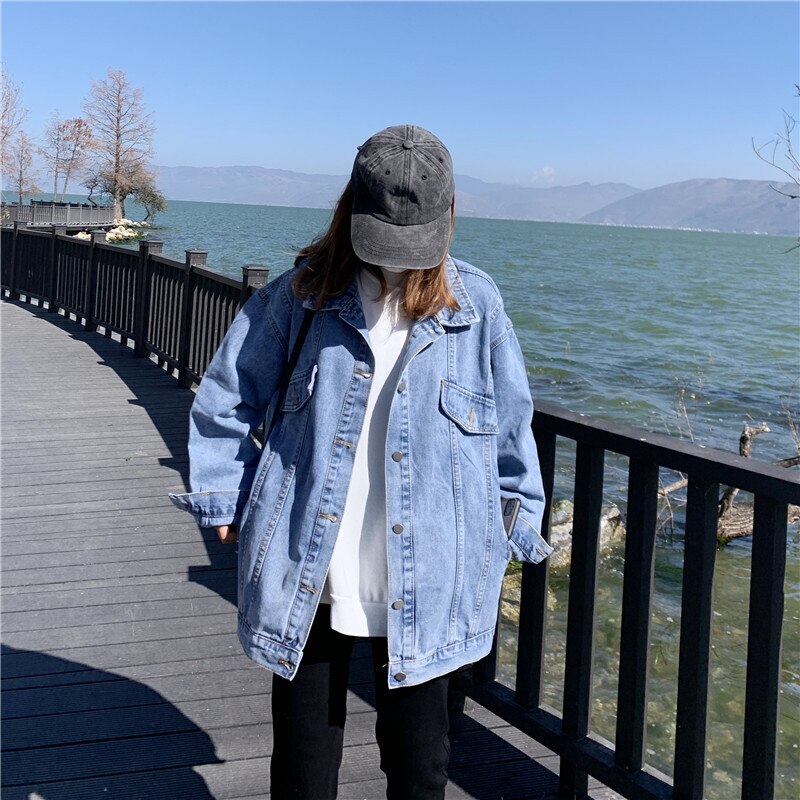 レトロ風 アウター ジャケット レディース 秋冬 春 かわいい 暖かい Gジャン ロング 長袖 襟付き レギュラーカラー BIGシルエット ポケット 前開き 黒 ブラック 青 ブルー 春カラー ワンサ