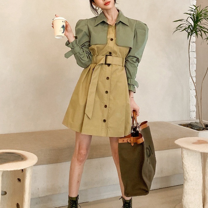 ワンピース ミニ丈 ショート丈 膝上 袖あり 長袖 パフスリーブ 襟付き 切り替えデザイン ドッキング シャツワンピース 2way ベルト ウエストマーク ケープ風 ハイウエスト 羽織 かわいい 大人