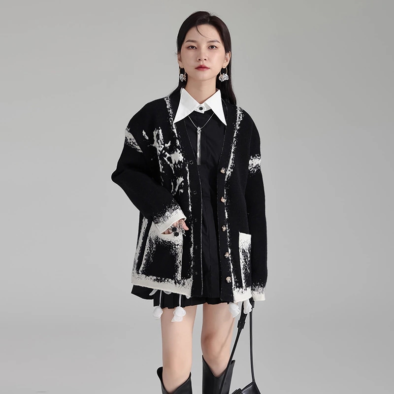 アメリカの黒＆白バラのニットカーディガンレディース百掛け怠惰なセーターコート