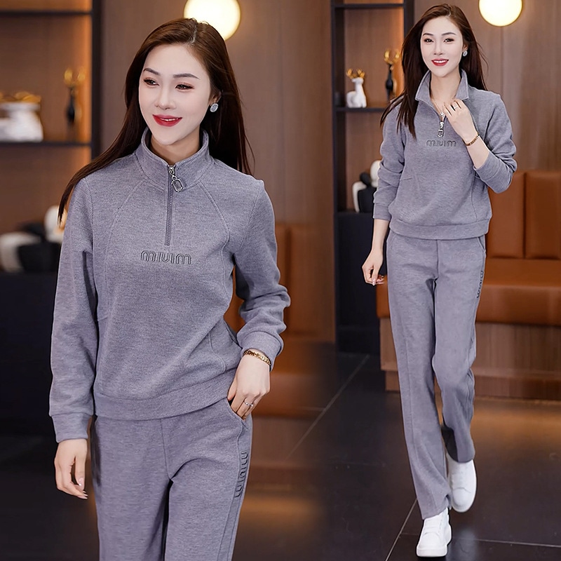 カジュアルスポーツ服セット女性春秋洋気減齢立襟衛衣広脚ズボン2点セット