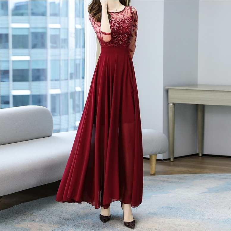 ワンピース ドレス レディース シフォンワンピース ロング フレア シアースリーブドレス レース