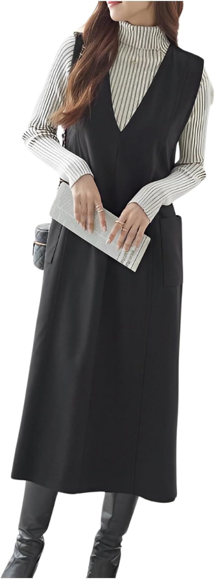 ベストワンピース 冬 ノースリーブ きれいめ ゆったり 着心地 部屋着 家着 着回し 女性 婦人 大きめ ママ 通勤 仕事 キレカジ(ブラック, M)