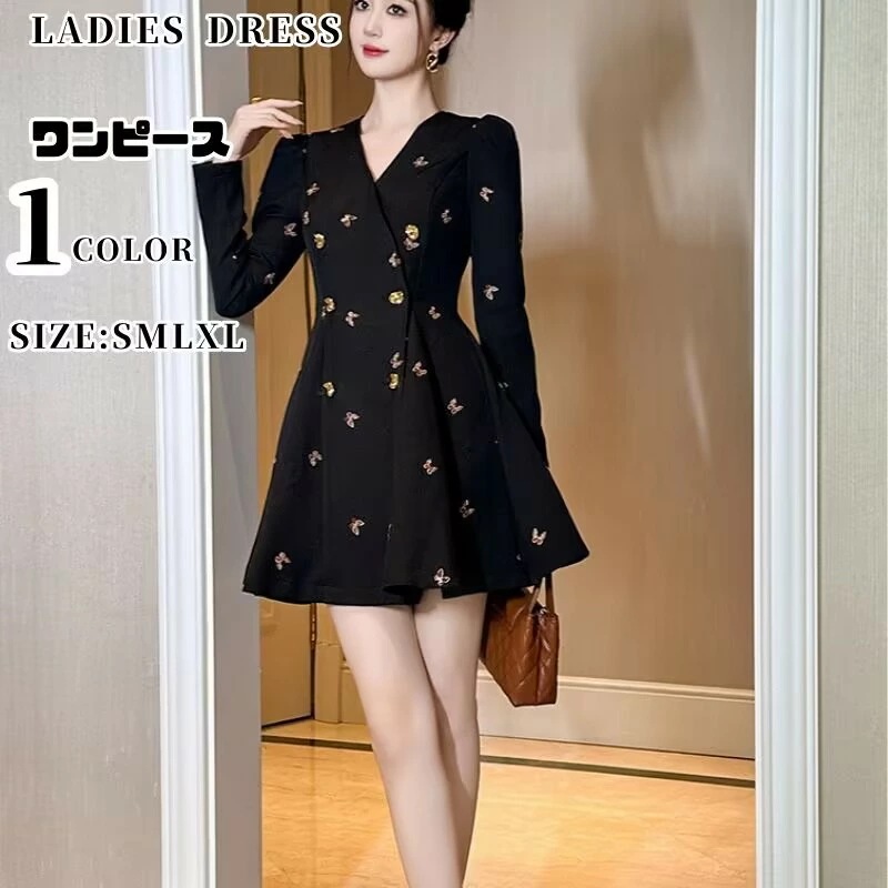 【全店任意2枚購入で100円OFF】 レディース ワンピースドレス Aラインワンピース きれいめワンピース パーティードレス キレイめ 春 夏 長袖 切り替えワンピース 結婚式 二次会ブラック
