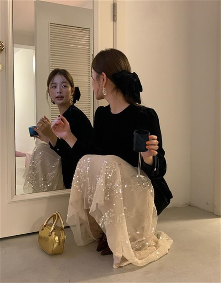 韓国ファッション ワンピース ロングスカート ラウンドネック ベルベット 2025春 ジェントルスタイル ハイウエスト 長袖 縫付 スリム ロングワンピース