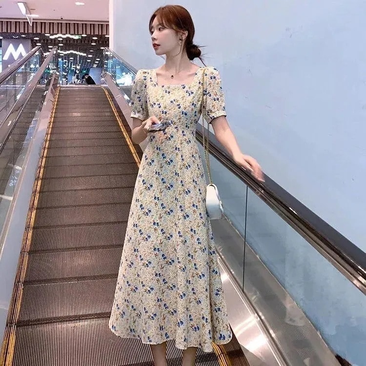 【1つ買うと10個無料】花柄ワンピース 女性 レトロ 優しい風 細いウエスト シフォン ロングスカート 膝上スカート