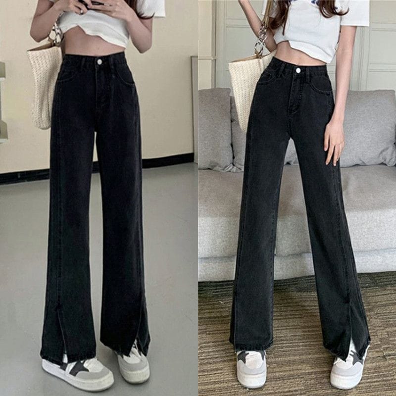 デニムパンツ黒とグレーオープンジーンズ女性春と秋の新しいハイウエストルーズ細いストレートワイド長ズボン