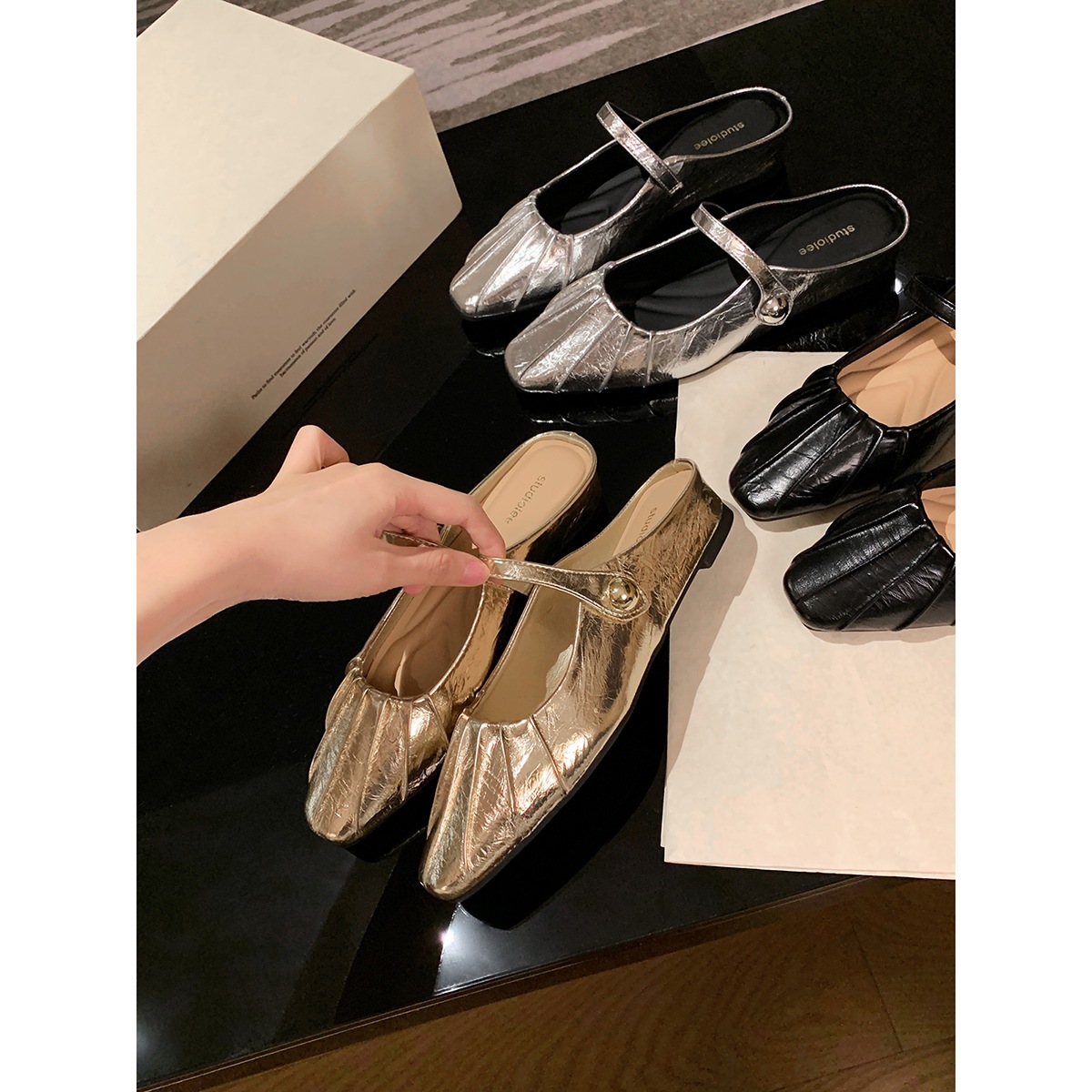11 シープスキンバージョングレープマザースクエアトゥフォールドインナーハイトエンハンスシングルシューズバッグ女性用ハーフスリッパ1つのストラップ浅い口mary Zhen Shoes 2