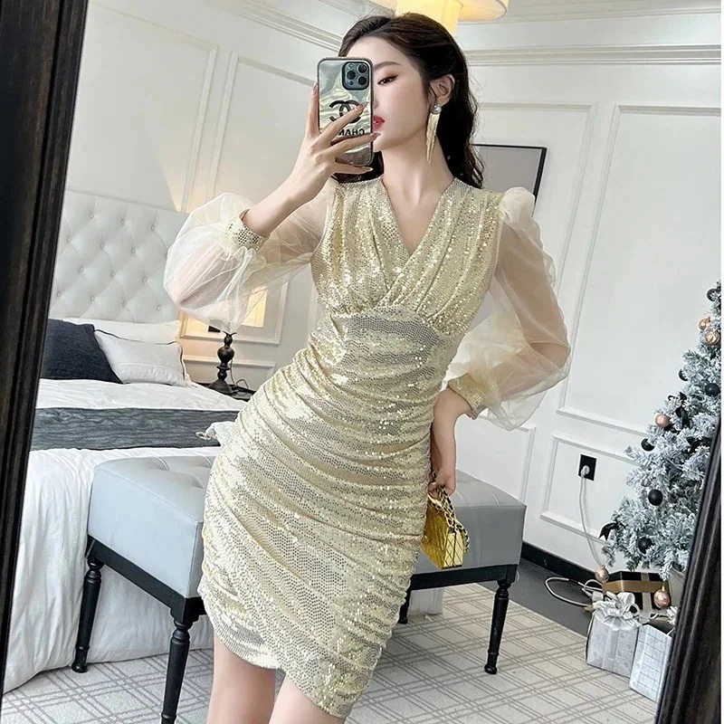 JY.上品 春冬 キラキラ Vネック ショートワンピ 皺 タイト パーティードレス キャバ 着痩せ 大人 同窓会 披露宴 卒業式 結婚式 演奏会 ウェディング 二次会