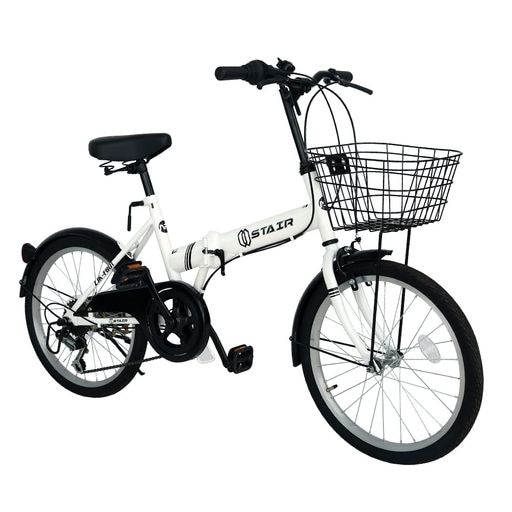 折りたたみ自転車 折り畳み自転車 20インチ シマノ6段変速 カゴ付 ワイヤ錠・ライトのプレゼント付き 前後泥除け装備 ハンドルの高さ調節できる 小径車 ミニベロ ホワイト