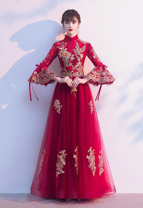 チャイナドレス ロング丈 マキシ丈 中国風結婚式 花嫁 ドレス 七分袖 袖フリル レース チュール切替 中華ドレス チャイナカラー 花 きらきら 金色刺しゅう 中華 パーティー 二次会 お呼ばれ 同窓