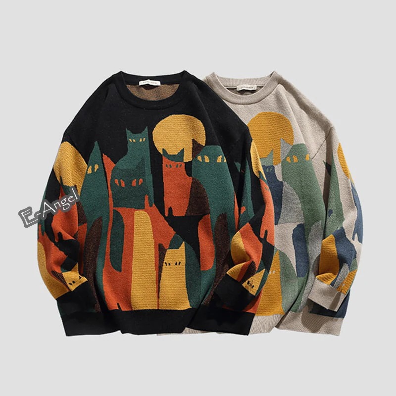 【快速出荷】ニット セーター レディース オーバーサイズ トップス メンズ 黒 灰 猫 カートゥーン プルオーバー ラウンドネック ゆったり 男女兼用 カップル ルーズ 大きいサイズ